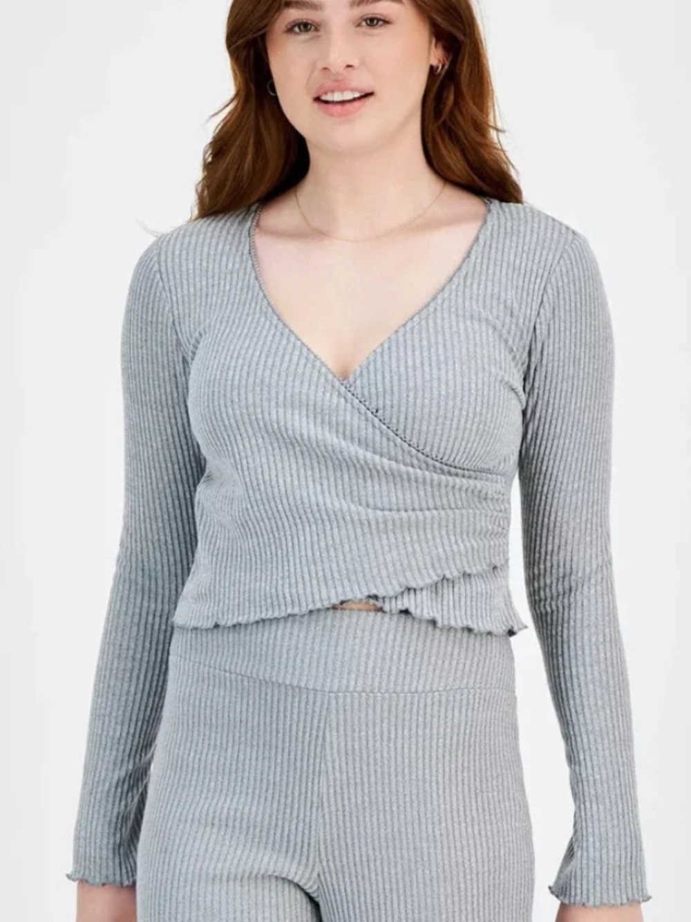 Planet Heart Juniors Surplice-Neck Ribbed Long Sleeve Top Hearther SIZE XL NWT